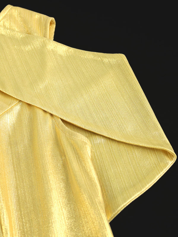 A-Line High Waisted Asymmetric Pleated Shiny Solid Color Split-Joint Zipper One-Shoulder Maxi Dresses