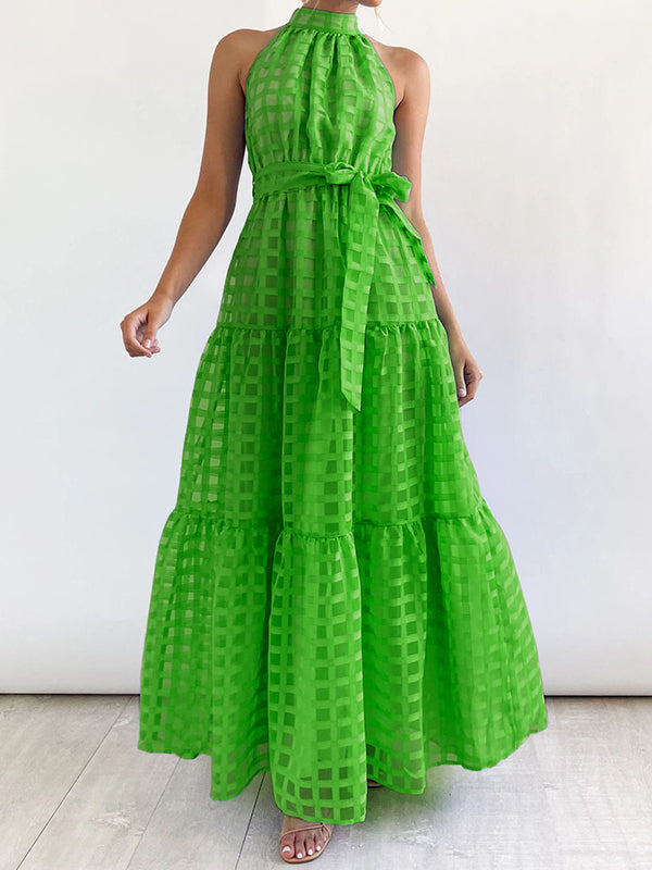 Loose Sleeveless Plaid Ribbed Stand Collar Maxi Dresses