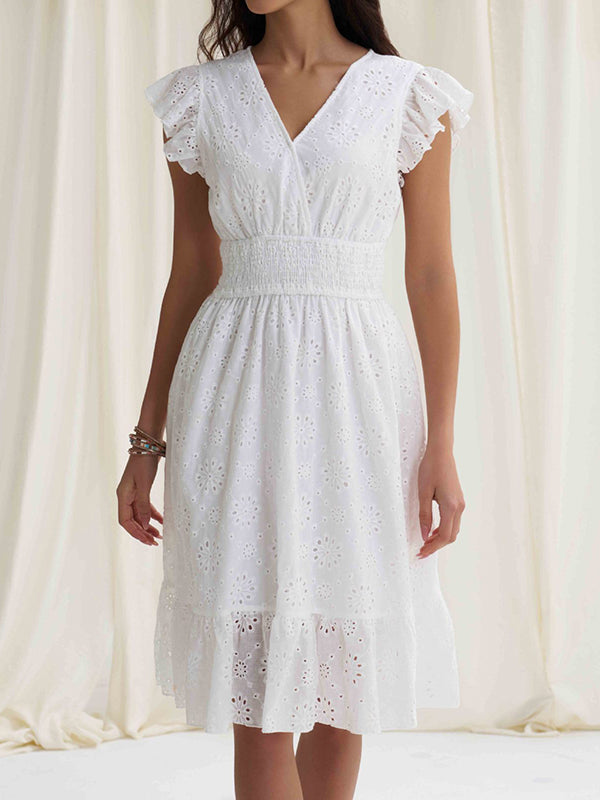 A-Line Loose Elasticity Hollow Pleated Solid Color V-Neck Mini Dresses