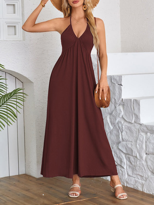 A-Line Loose Pleated Solid Color Split-Joint Deep V-Neck Maxi Dresses