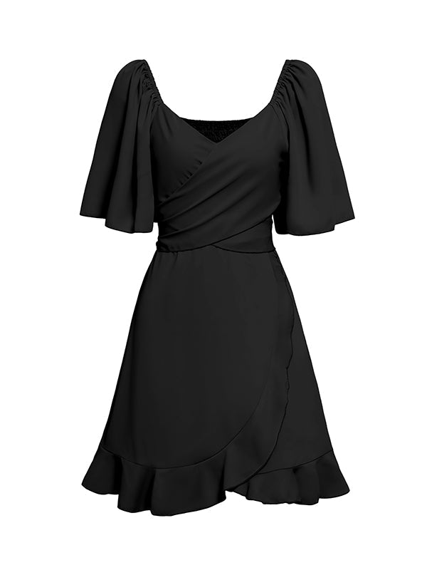 Flared Sleeves Half Sleeves Elasticity Ruffled Solid Color Split-Joint Tied Waist V-Neck Mini Dresses