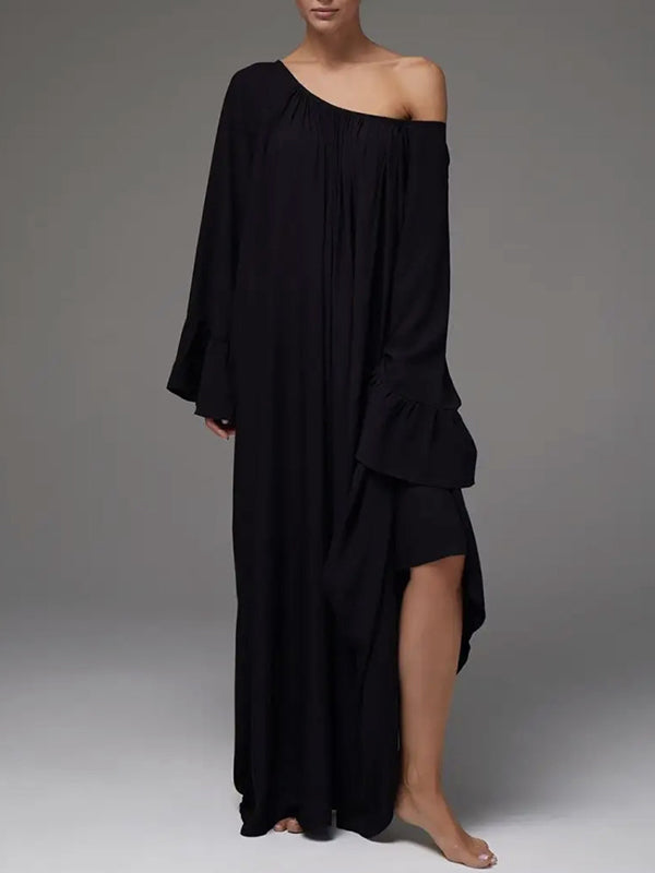 Flared Sleeves Loose Pleated Solid Color Split-Joint Round-Neck Maxi Dresses