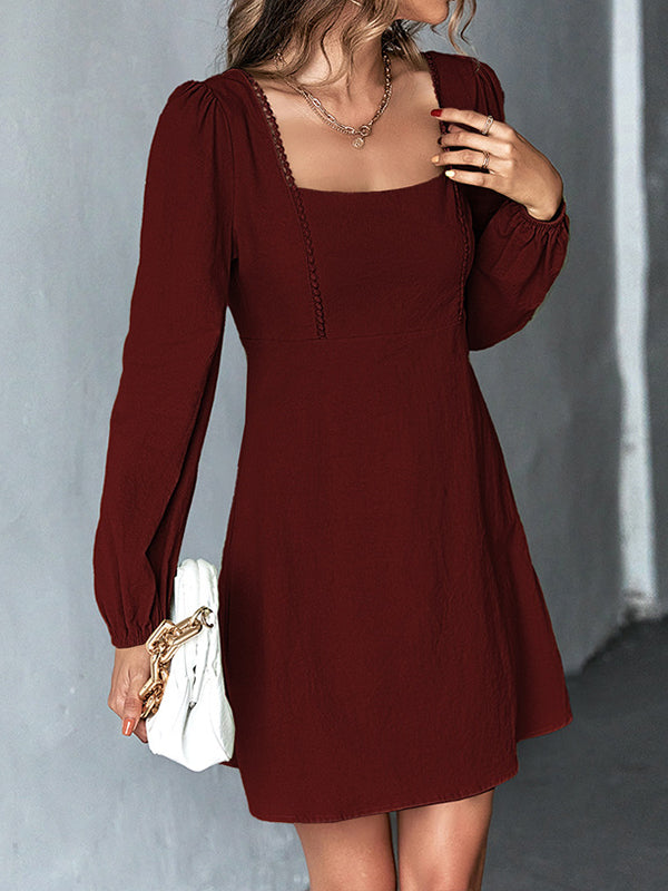 A-Line High Waisted Solid Color Split-Joint Square-Neck Mini Dresses