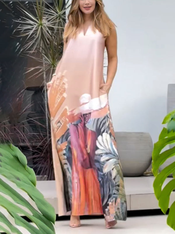Loose Sleeveless Figure Pockets V-Neck Maxi Dresses