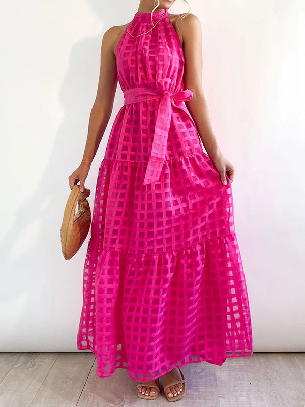 Loose Sleeveless Plaid Ribbed Stand Collar Maxi Dresses