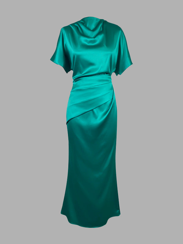 Loose Short Sleeves Pleated Solid Color Maxi Dresses