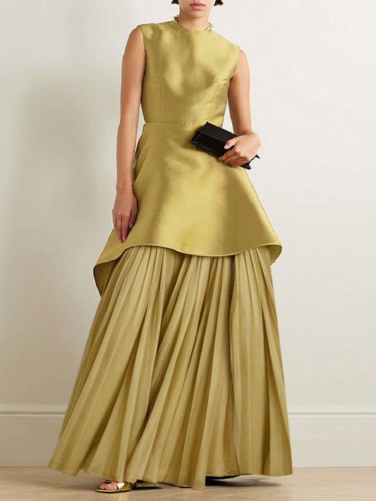 A-Line Loose Pleated Solid Color Split-Joint Tiered Round-Neck Evening Dresses Maxi Dresses