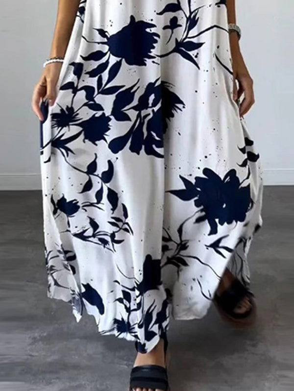 Loose Plus Size Floral Printed Split-Joint Spaghetti-Neck Maxi Dresses