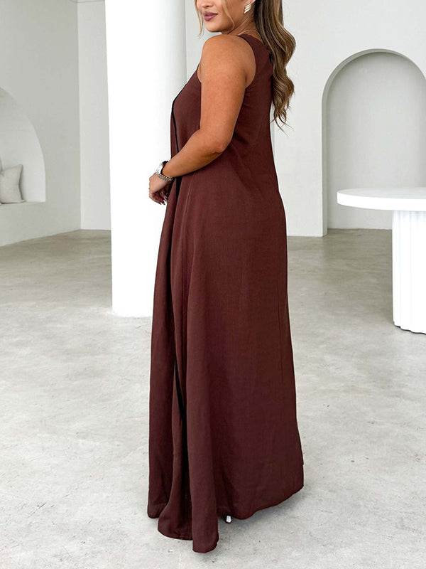 A-Line Loose Split-Joint Round-Neck Maxi Dresses