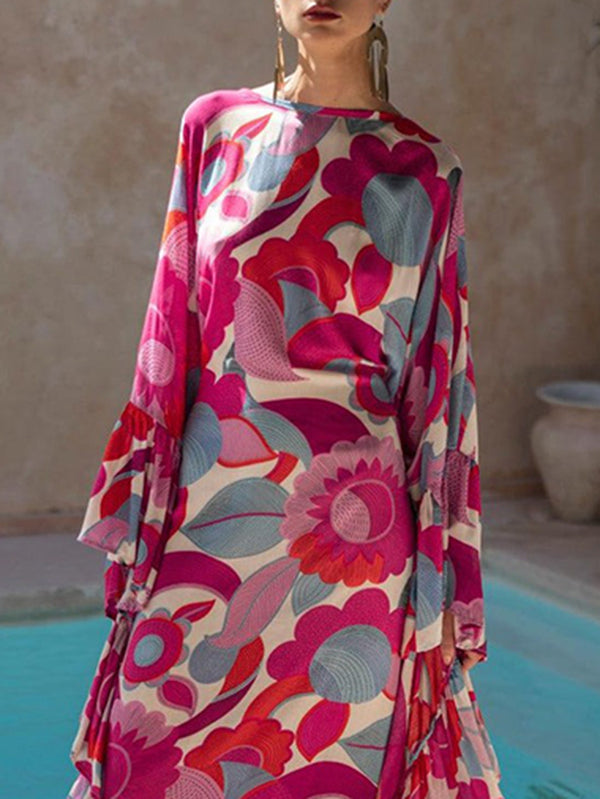 Batwing Sleeves Loose Flower Print Pleated Split-Joint Round-Neck Maxi Dresses