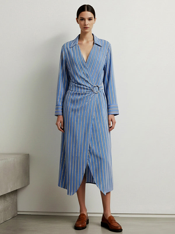 Long Sleeves Buckle Striped Deep V-Neck Midi Dresses Shirt Dress