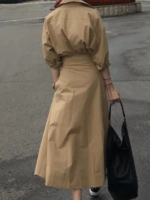 Loose Puff Sleeves Pleated Solid Color Split-Joint Lapel Maxi Dresses Shirt Dress