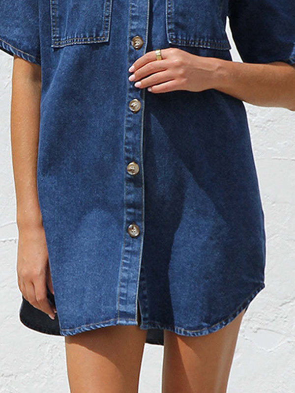 Loose Short Sleeves Split-Joint Lapel Mini Dresses Shirt Dress