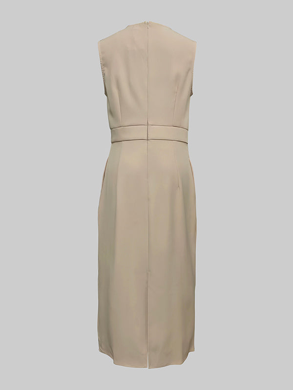 High Waisted Loose Pleated Solid Color Round-Neck Midi Dresses