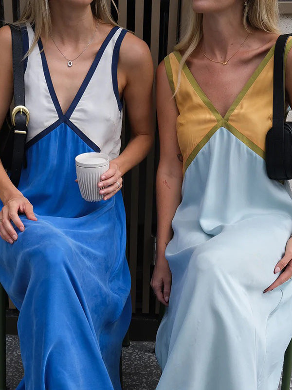 Loose Sleeveless Contrast Color Split-Joint Deep V-Neck Maxi Dresses