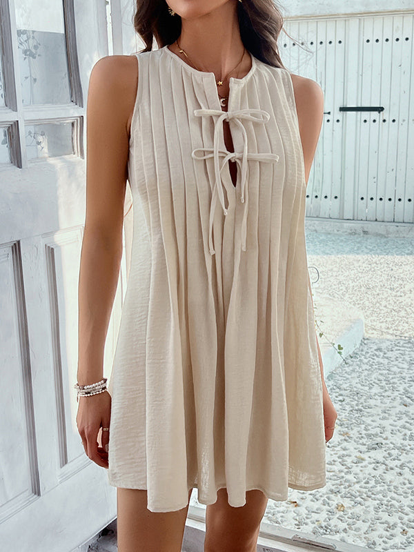A-Line Loose Pleated Solid Color Tied Round-Neck Mini Dresses Vest Top