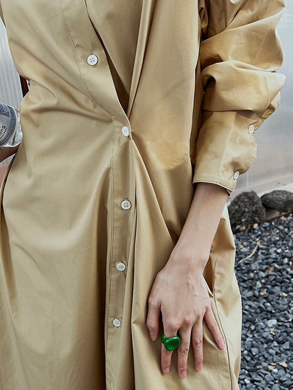 Long Sleeves Loose Asymmetric Solid Color Lapel Shirt Dress