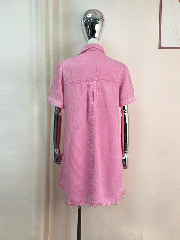 A-Line Loose Fringed Pleated Pockets Split-Joint Lapel Mini Dresses