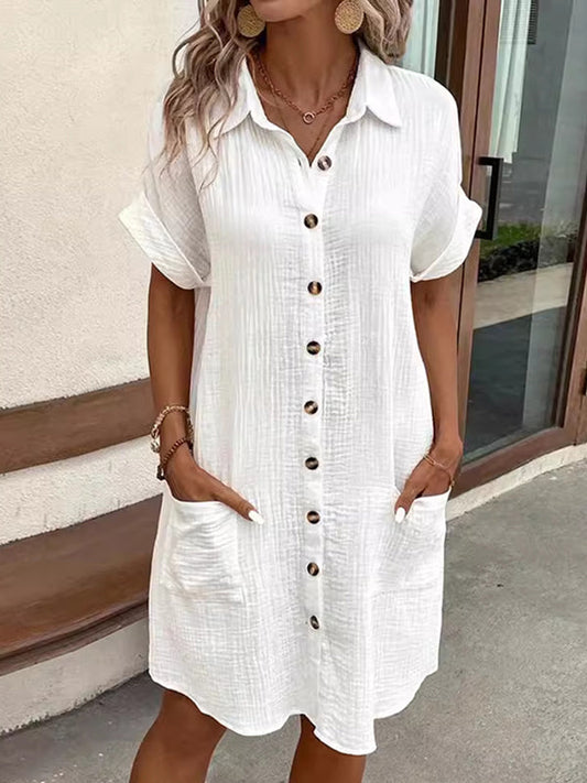 Loose Short Sleeves Pleated Split-Joint Lapel Mini Dresses Shirt Dress