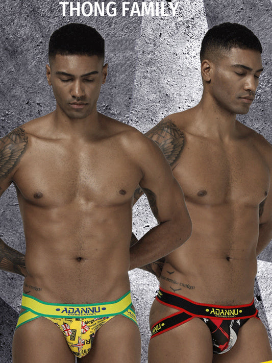 3-pack Men's Low-rise Wide-hem Elastic Printed Hip-baring Thongs