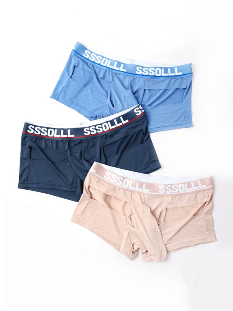 3 Pack Men's Mid-Rise Ice Silk Hollow-Out Trunks