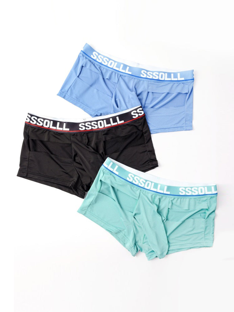 3 Pack Men's Mid-Rise Ice Silk Hollow-Out Trunks