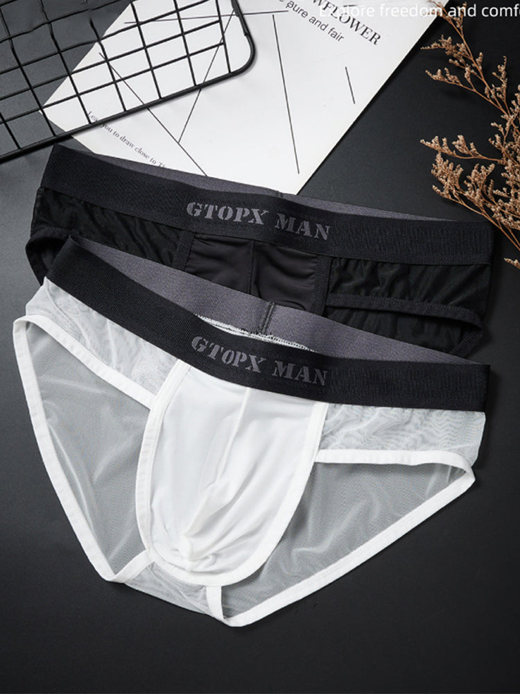 2 Pack Men's Ice Silk Semi-Transparent Mesh U-Convex Pouch Breathable Sexy Sport Briefs