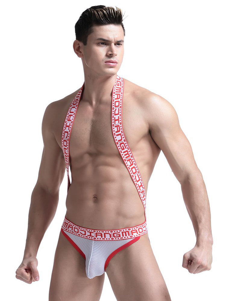 Men's Sexy Mesh U-convex Large Pouch Breathable Vest One-piece Suspender T-back