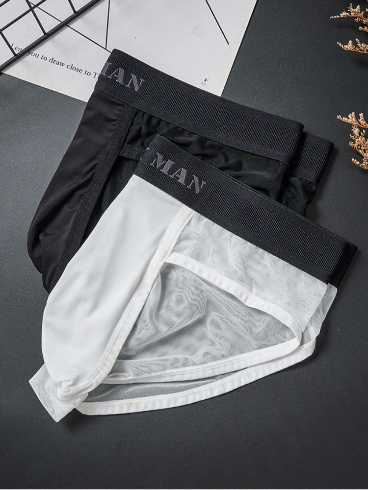 2 Pack Men's Ice Silk Semi-Transparent Mesh U-Convex Pouch Breathable Sexy Sport Briefs