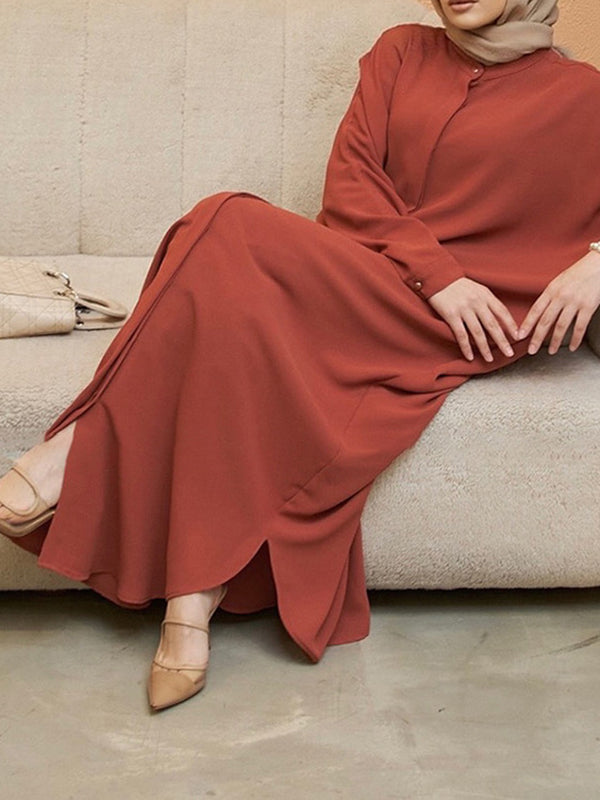 Batwing Sleeves Loose Buttoned Muslim Solid Color Split-Side Round-Neck Maxi Dresses