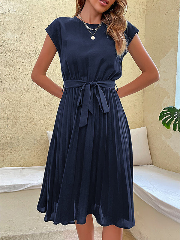 A-Line Loose Pleated Solid Color Tied Waist Round-Neck Midi Dresses