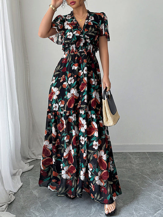 A-Line Loose Contrast Color Elasticity Flower Print Pleated V-Neck Maxi Dresses