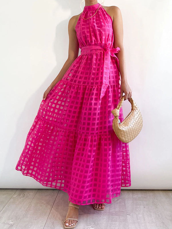 Loose Sleeveless Plaid Ribbed Stand Collar Maxi Dresses