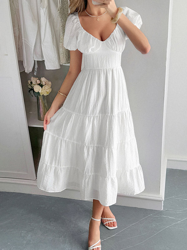 A-Line Loose Backless Pleated Solid Color Tied V-Neck Midi Dresses