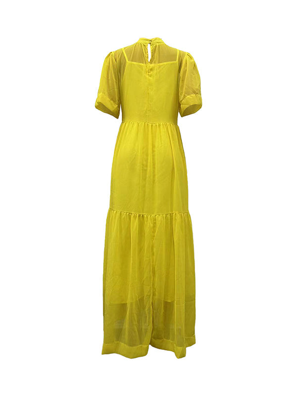 Loose Plus Size Mesh Pleated Solid Color Split-Joint Mock Neck Maxi Dresses Two Pieces Set