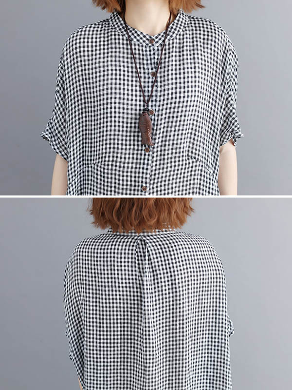 Artistic Retro Loose Split-Joint Plaid Buttoned Stand Collar Half Sleeves Midi Dress