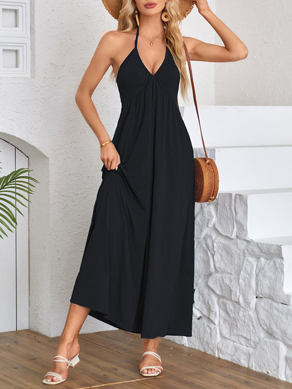 A-Line Loose Pleated Solid Color Split-Joint Deep V-Neck Maxi Dresses