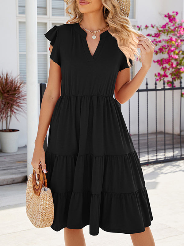 Loose Ruffle Sleeves Pleated Pockets Solid Color Split-Joint V-Neck Midi Dresses