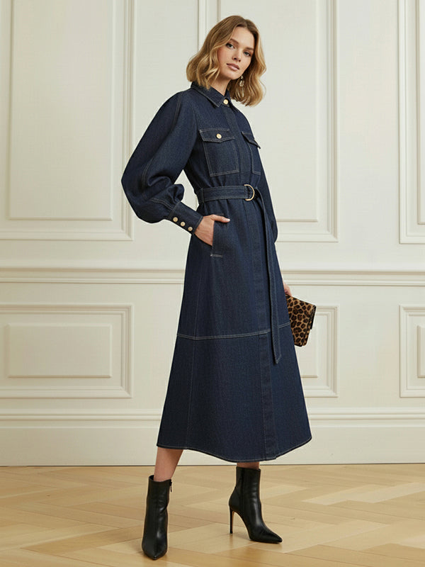 Puff Sleeves Belted Buttoned Pockets Split-Joint Lapel Midi Dresses