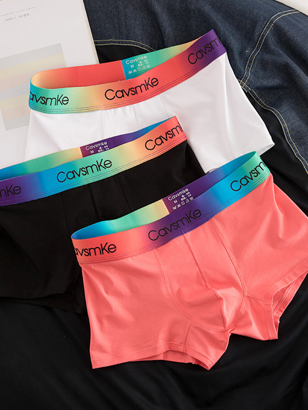 2 Pack Men's Cotton Sexy Antibacterial Rainbow Waistband Trunks