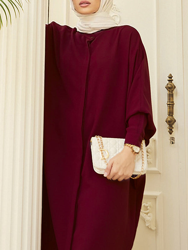 Batwing Sleeves Loose Buttoned Muslim Solid Color Split-Side Round-Neck Maxi Dresses