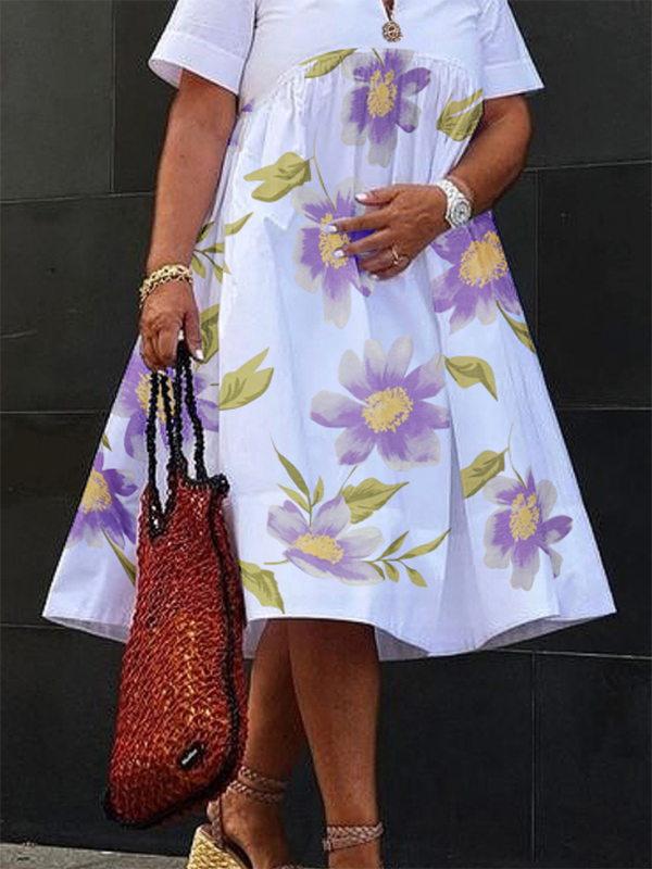 Loose Short Sleeves Flower Print V-Neck Midi Dresses