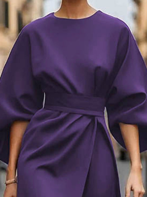 Loose Puff Sleeves Pleated Solid Color Split-Joint Round-Neck Midi Dresses