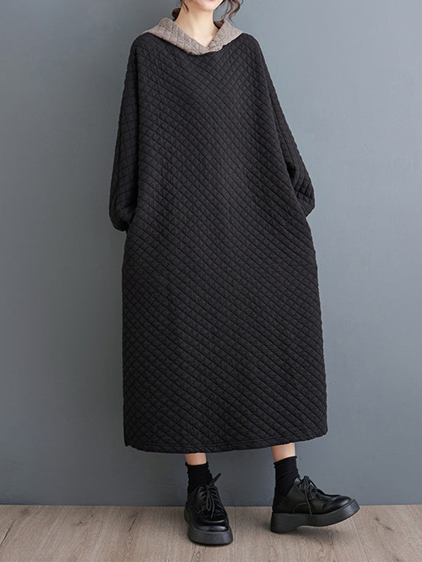 A-Line Long Sleeves Hooded Quilted Split-Side Midi Dresses