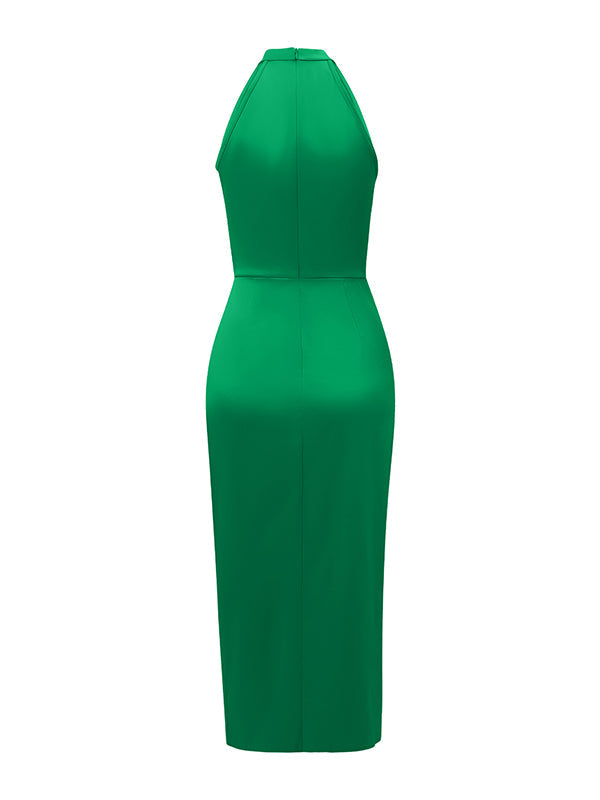 Loose Sleeveless Hollow Pleated Solid Color Split-Joint Stand Collar Midi Dresses