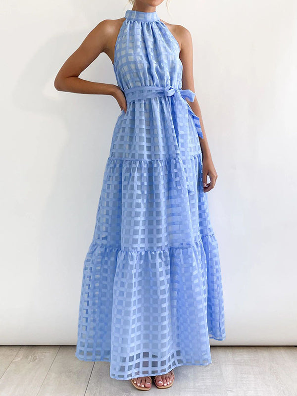 Loose Sleeveless Plaid Ribbed Stand Collar Maxi Dresses