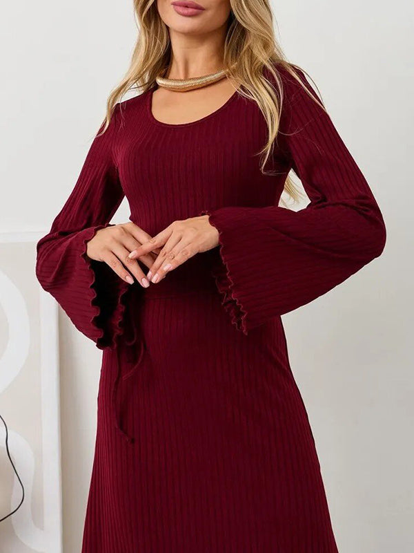 Long Sleeves Pleated Ruffled Solid Color Split-Joint Round-Neck Maxi Dresses