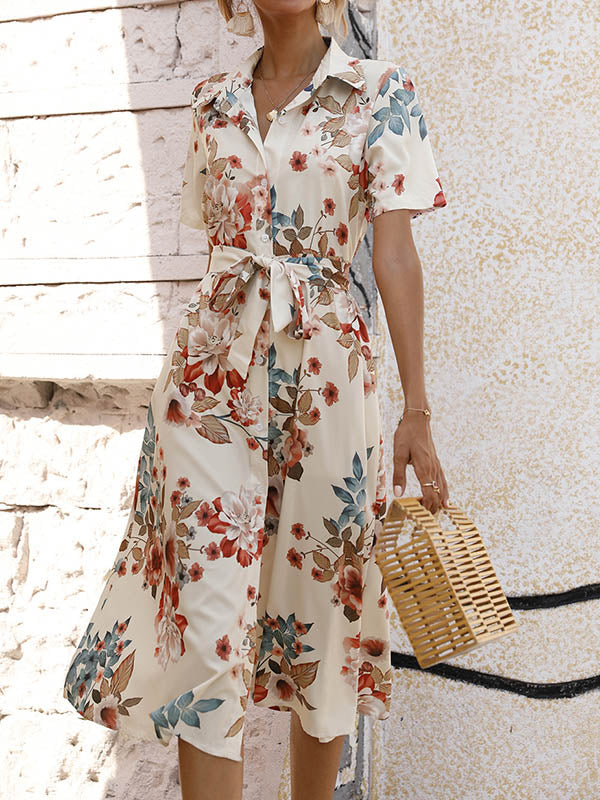 A-Line Loose Buttoned Flower Print Tied Waist Lapel Midi Dresses
