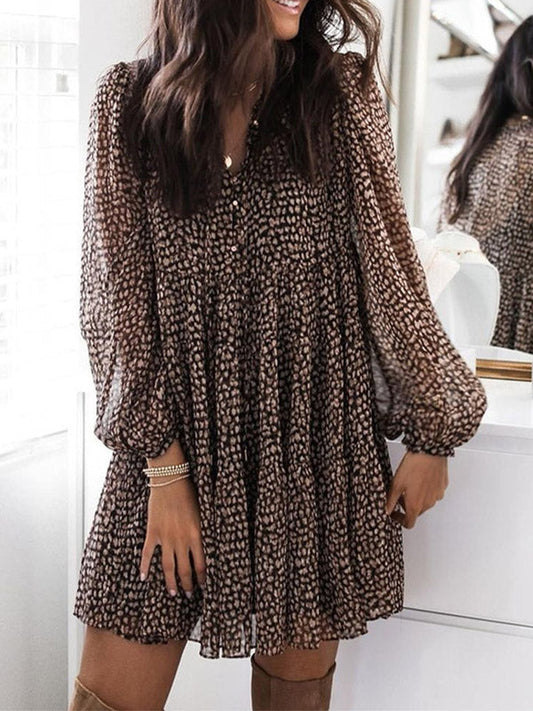 Long Sleeves Loose Buttoned Leopard Pleated V-Neck Mini Dresses