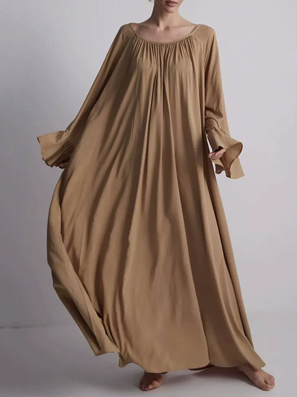 Flared Sleeves Loose Pleated Solid Color Split-Joint Round-Neck Maxi Dresses